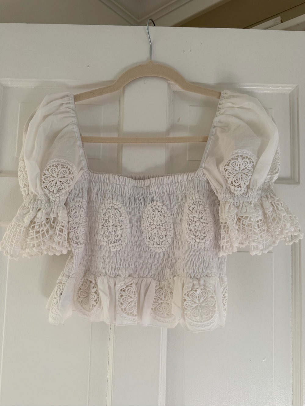 Charo Ruiz Ibiza White Lace Smocked Puff-Sleeve Women's Top